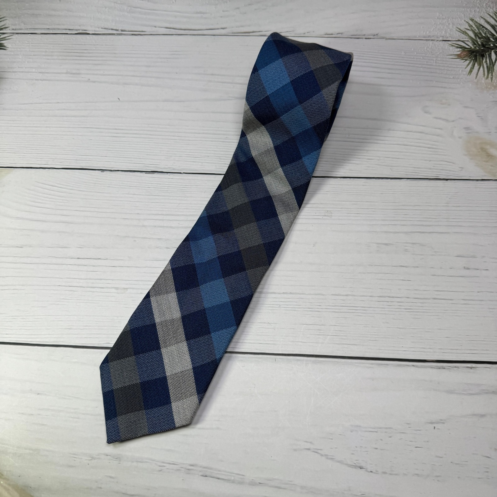 Merona Necktie Men 57 Blue Grey Plaid Textured Classic Preppy Professional
